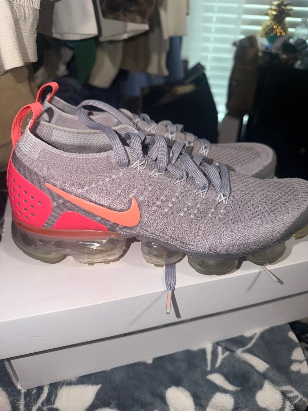 Nike Women’s VaporMax Flyknit Sneakers - Gray with Coral Accents